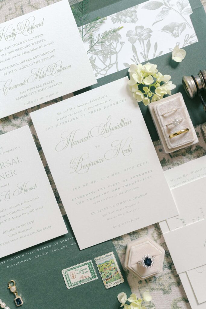 Elegant wedding invitation suite and ring box photographed for a Crossroads Hotel Kansas City wedding