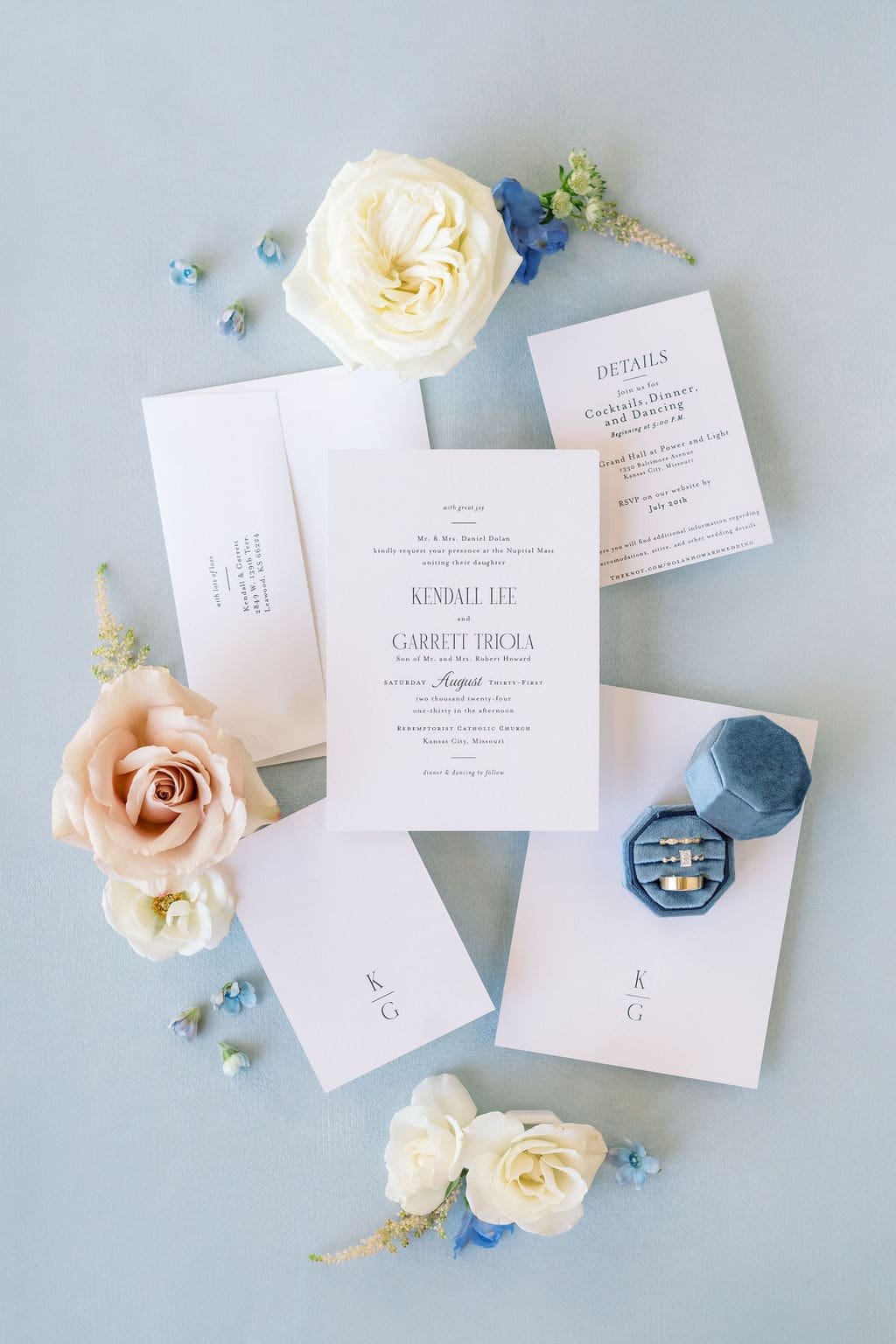 fine art white and blue wedding invitation suite