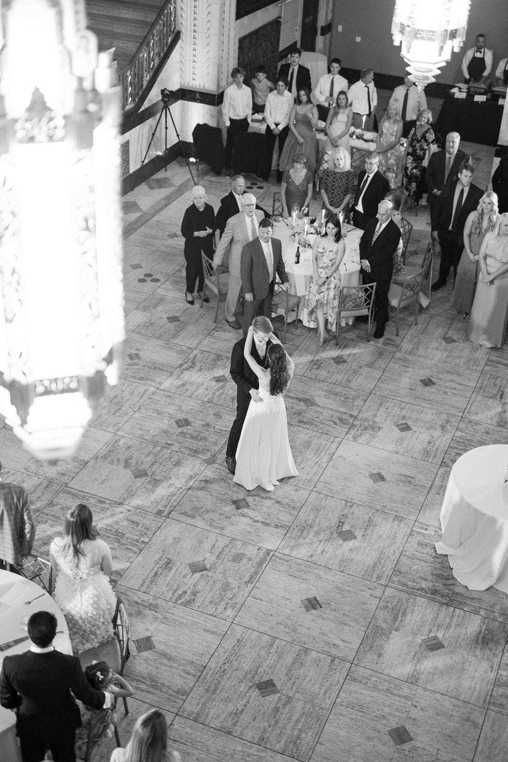 bride and groom dancing during wedding reception at the grand hall at power and light in kansas city